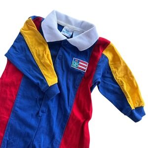 First Moments Baby 6-9 M Blue Red Color Block Polo Long Sleeves Jumpsuit Vintage